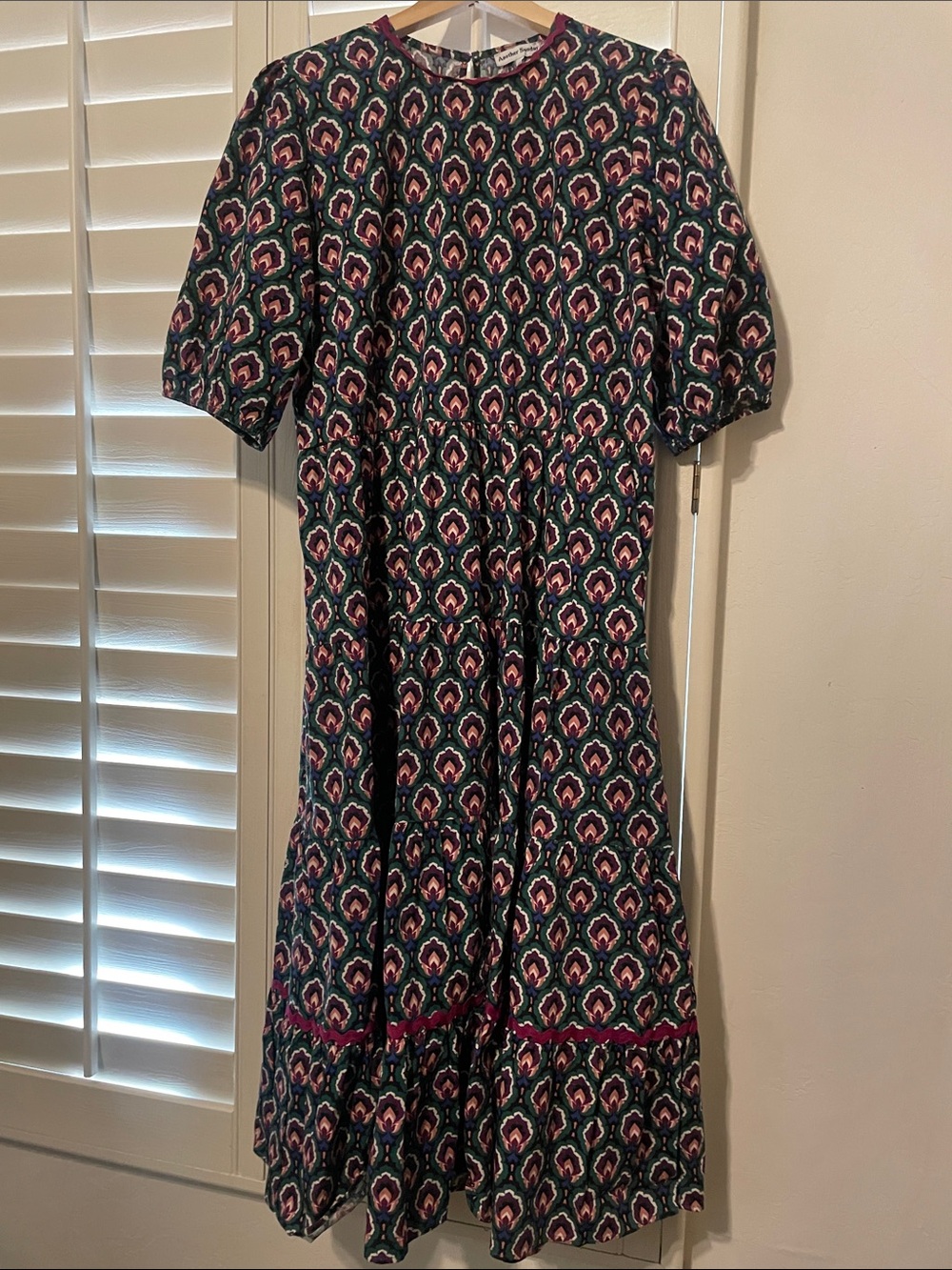 Printed Another Sunday Midi Dress in Green and Pink with Short Puff Sleeves
